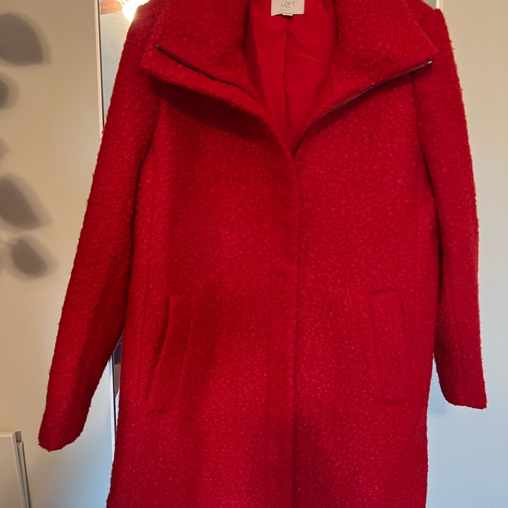 Ann Taylor Loft Boucle Funnel Neck Red Winter Coat Large